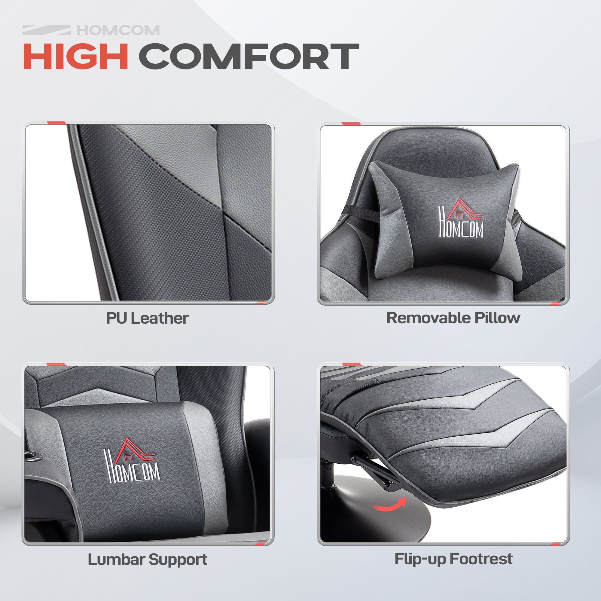 HOMCOM Massage Gaming Chair, Swivel Racing Video Gaming Recliner with Retractable Footrest, Headrest, Cup Holders and Side Pockets, Ergonomic High Back PU Leather Executive Desk Chair, Grey